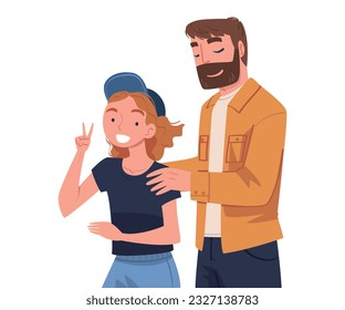 Happy Smiling Man Dad with Daughter Standing Together Vector Illustration