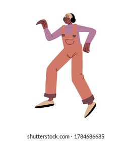 Happy smiling man dancing and listening to music with headphones. Vector illustration in flat cartoon style