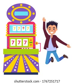 Happy smiling man with dark hair playing slot machine. Guy winning jackpot in casino isolated on white. Lucky seven, game of chance, gambling vector