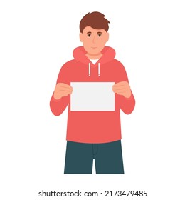 Happy smiling man displaying white blank placard, mockup for design. Positive  guy with empty advertising banner, copy space.Teenage boy shows a poster. Vector illustration isolated