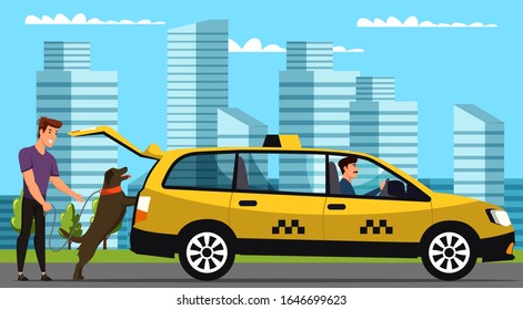 Happy smiling man dog owner catching yellow taxi cab with seat for pets. Travelling with domestic animals. Driver sitting behind steering wheel in car. Cityscape backdrop. Vector illustration