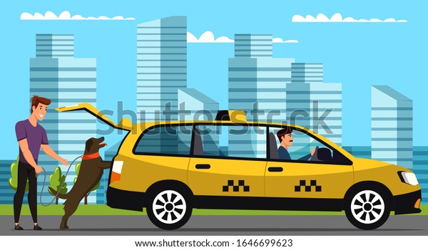 Happy smiling man dog owner catching yellow\
taxi cab with seat for pets. Travelling with domestic animals.\
Driver sitting behind steering wheel in car. Cityscape backdrop.\
Vector illustration