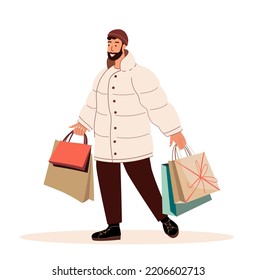Feliz Hombre Sonriente haciendo compras navideñas de vacaciones, prepárense para vacaciones de invierno. Hombre feliz sostiene cajas de regalo de Navidad, regalos, regalos, regalos para la noche de Año Nuevo. Ilustración plana vectorial aislada en fondo blanco