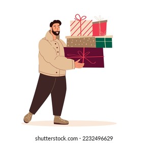 Happy Smiling Man doing holiday Christmas shopping,prepare for winter holiday.Happy Man hold Xmas gift boxes,gifts,presents at New Year evening.Flat vector illustration isolated on white background