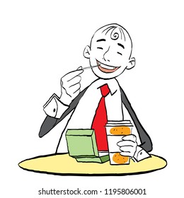 Happy smiling man eating in cafe. Fast food. Junk food