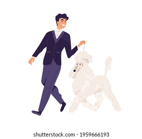 Happy smiling man in elegant formal suit walking with dog. Pet owner leading his Royal Poodle on leash. Person and purebred doggy. Colored flat vector illustration isolated on white background