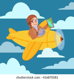 Happy smiling man flying plane like in retro leather flight helmet. Flat style cartoon vector illustration.