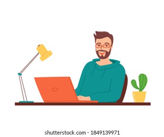 Happy smiling man in glasses sits at a table with a laptop. Concept of work, training, retraining, courses via the Internet, e-learning. An employee at work in the office. Isolated vector illustration