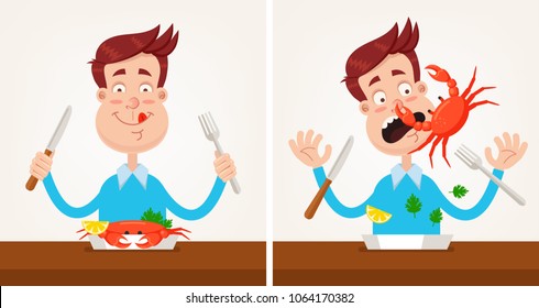 Happy smiling man gourmet character gourmet is going to eat roasted grilled crab dish and holding knife fork. Crab attack and bite nose. Cooking sea meat food dish culinary concept. Vector flat 