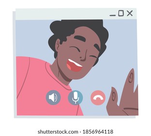 Happy Smiling Man Having Video Call, Guy Chatting Online with his Friends, Working from Home, Social Distancing Concept Vector Illustration