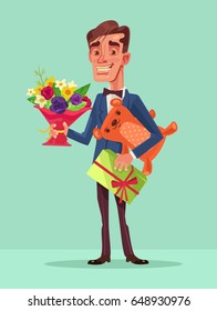 Happy smiling man hold lot of gifts. Vector flat cartoon illustration