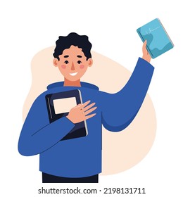 Happy smiling man holding books. Concept of books, education, reading, development. Isolated vector illustration.