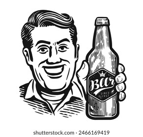 Happy smiling man holding bottle in his hand. Sketch drawing for pub or restaurant menu. Pop art style clipart