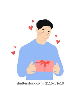 Happy smiling man holding gift box. Hand drawn style vector design illustrations.