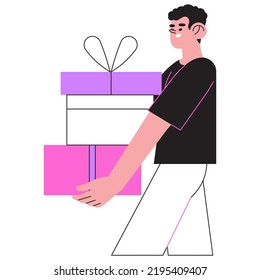 Happy smiling man holding gift boxes with presents and celebrate birthday or anniversary. Concept of you won prize, winner, surprize or christmas event or grand opening with prize drawing. 