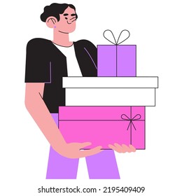 Happy smiling man holding gift boxes with presents and celebrate birthday or anniversary. Concept of you won prize, winner, surprize or christmas event or grand opening with prize drawing. 