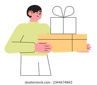 Happy smiling man holding gift box with presents and celebrate birthday or anniversary. Concept of corporate employee greeting, winner, surprize or christmas event or grand opening with prizes. 