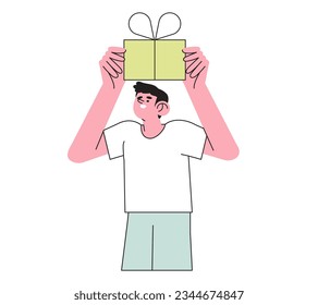 Happy smiling man holding gift box with presents and celebrate birthday or anniversary. Concept of corporate employee greeting, winner, surprize or christmas event or grand opening with prizes. 