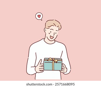 Happy smiling man holding gift box. Hand drawn style vector design illustrations.	