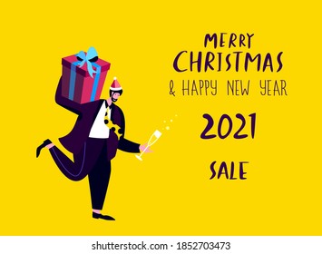 Happy Smiling Man Holding Huge Gift Box Wrapped,Ribbon Christmas Present,New Year Holiday.Glass of Champagne.Celebrating Xmas Purchases.Festive Sale Shopping Flyer Advertising Flat vector illustration