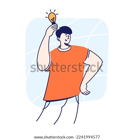 Happy smiling man holding light bulb in his hand. A person come up with an idea flat graphic vector illustration isolated on white background. Eureka moment, solution, insight concept..