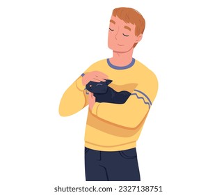 Happy Smiling Man Holding Pet Cat with Arm and Stroking It Vector Illustration