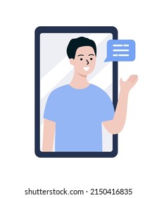 Happy Smiling man introducing, explaining on smartphone screen. Male teaching online class. Virtual Meeting, Remote communication, technology concepts. Flat cartoon vector isolated illustrations.