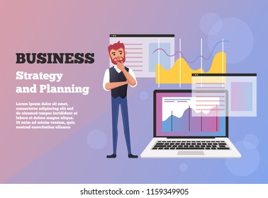 Happy smiling man manager worker character thinking of business new start up project. Business strategy finance analytics concept. Vector flat cartoon isolated banner illustration