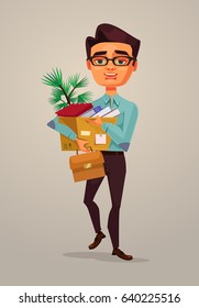 Happy smiling man office worker character going to new job. Vector flat cartoon illustration