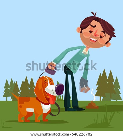 Happy smiling man owner character clean up after his dog. Vector flat cartoon illustration