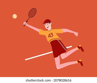 Happy smiling man playing tennis vector cartoon illustration. The male character in sports clothes holding a racquet. Sportsman plays big tennis.