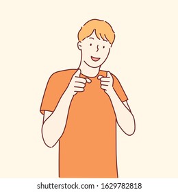 Happy smiling man pointing the finger at you.Hand drawn style vector design illustrations.