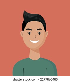 Happy Smiling Man Portrait Close-up Flat Vector Illustration. Brunette Male Boy. Happiness Concepts, Life Satisfaction, Fulfillment, Joyful Teenager Isolated. Single Self-sufficient Independent Person