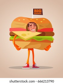 Happy smiling man promoter character mascot dressed in hamburger suit. Vector flat cartoon illustration