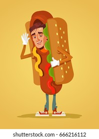 Happy smiling man promoter character mascot dressed in hot dog suit. Vector flat cartoon illustration