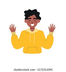 Happy smiling man raising both hands shout words of encouragement. Promotion of new easy-to-use applications, clearance sale and discount information, update news.