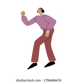 Happy smiling man in red pants dancing and listening to music with headphones. Vector illustration in flat cartoon style