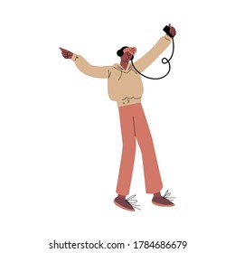 Happy smiling man in red pants dancing and listening to music with headphones. Vector illustration in flat cartoon style