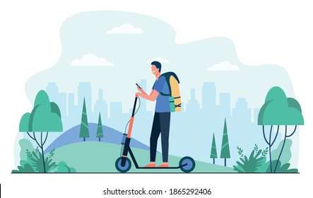 Feliz hombre sonriente montando patada pateadora en la acera de la ilustración plana del vector. Un hipster de dibujos animados usando una motocicleta eléctrica. Concepto de transporte personal eléctrico y estilo de vida urbano