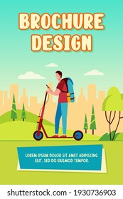Happy smiling man riding kick scooter on sidewalk flat vector illustration. Cartoon hipster using electric scooter. Electrical personal transportation and urban lifestyle concept
