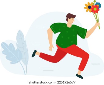 Happy smiling man running with bouquet of flowers