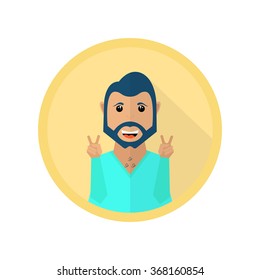 happy smiling man showing peace sign. vector icon in flat style.