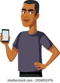 Happy Smiling Man Showing a Smartphone. Male model recommending online digital app service
