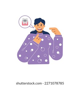 Happy smiling man showing teeth in braces, flat cartoon vector illustration isolated on white background. Orthodontic and aesthetic dentistry treatment.