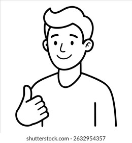 happy smiling man showing a thumbs up hand gesture in a confident and cheerful pose representing positivity encouragement motivation and friendly approval in black line art