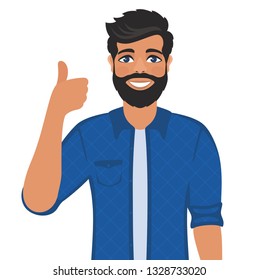 Happy smiling man shows thumbs up. Gesture, symbol or sign Like, cool, agree, approve. Bearded dark-haired guy with blue eyes in a shirt. Cartoon positive character on white background. Vector image.