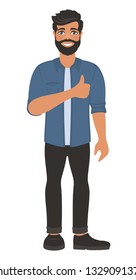 Happy smiling man shows thumbs up. Gesture, symbol or sign Like, cool, agree, approve. Bearded dark-haired guy with blue eyes in a shirt and jeans. Cartoon positive character on white background. 