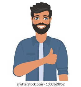 Happy smiling man shows thumbs up. Gesture, symbol or sign Like, cool, agree, approve. Bearded dark-haired guy with blue eyes in a shirt. Cartoon positive character on white background. Vector image.