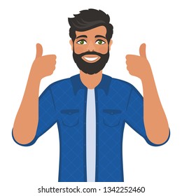 Happy smiling man shows thumbs up. Gesture, symbol or sign Like, cool, agree, approve. Bearded dark-haired guy with green eyes in a shirt. Cartoon positive character on white background. Vector image.