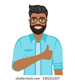 Happy smiling man shows thumbs up. Gesture, symbol or sign Like, cool, agree, approve. Bearded dark-haired guy with brown eyes in a shirt. Cartoon positive character on white background. Vector image.